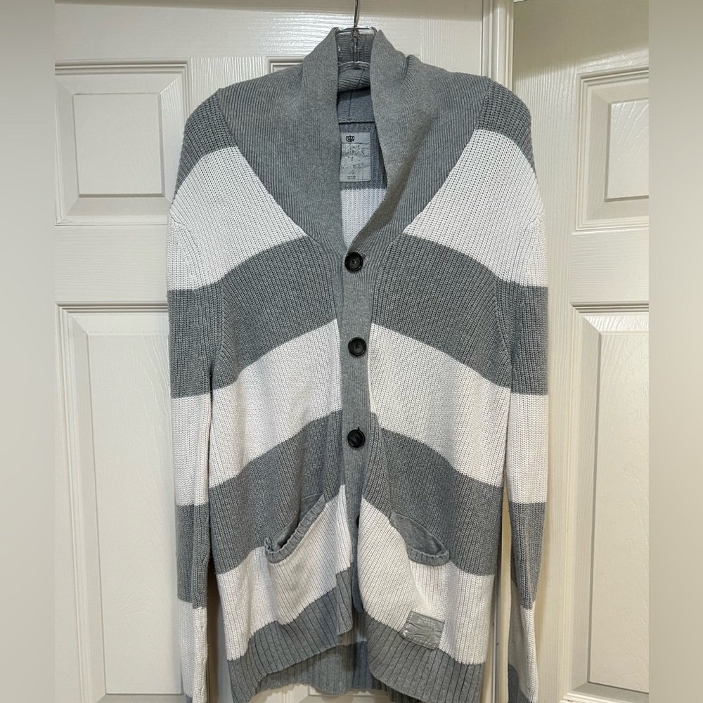Express men’s button‎ up gray white stripes knit cardigan Sweater preppy large